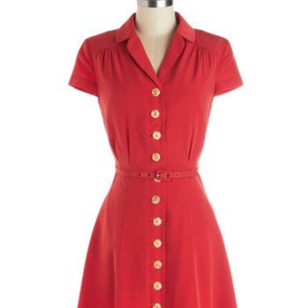 Modcloth Myrtlewood red dress with floral buttons